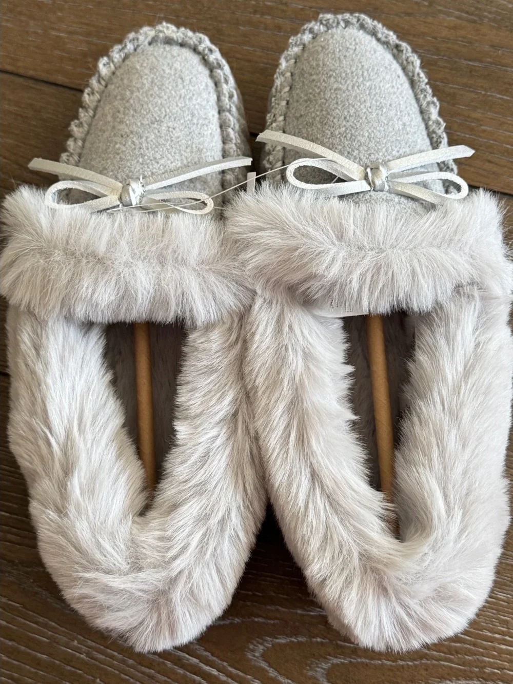 J. Crew Gray Faux-Fur Pom Moccasin Slippers with Tan Sole